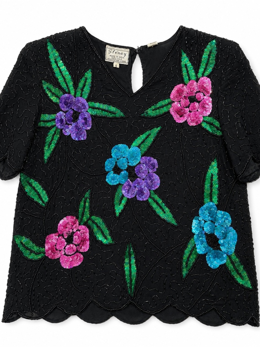 Vintage Stenay 100% Silk Beaded Floral‎ Sequin Top Blouse Size Small